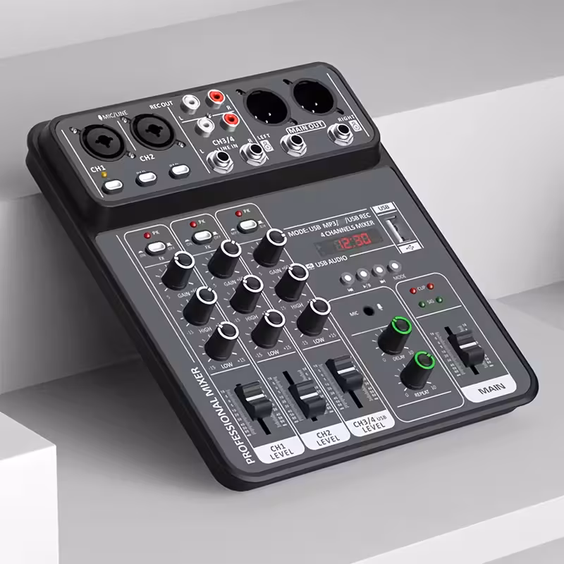 BOMGE Professional 4 Channel Audio Mixer Sound Board Mixing Console Supports USB interface MP3 Computer Input Studio Audio Stereo DJ Mixer Suitable f