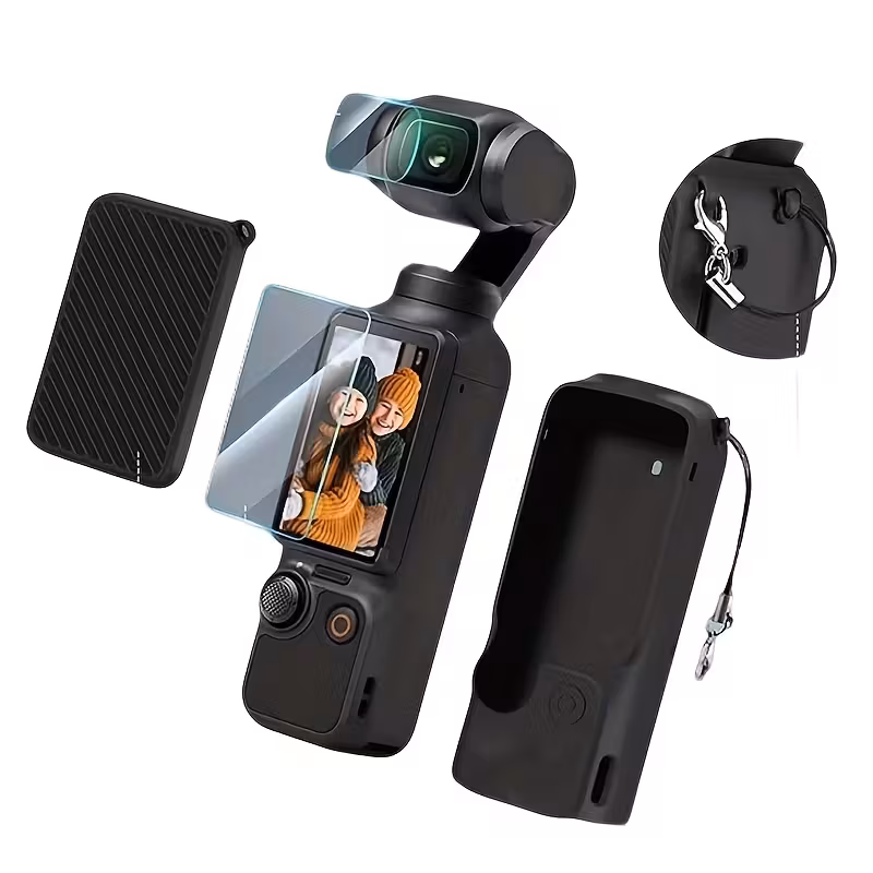 Suitable for DJI Osmo Pocket 3 Screen Lens Protection Film Protective Case Accessories - 2pcs Lens Protection Film + 2pcs LCD Screen Protection Film + 1 Set of Silicone Protective Case Set, with Lanyard